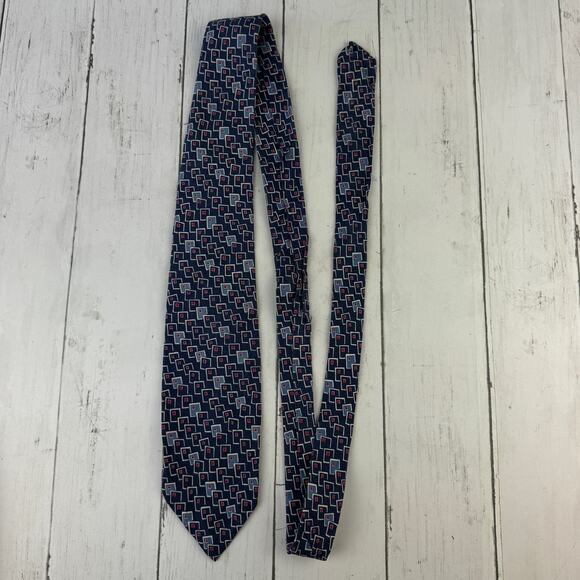 VTG Polo Ralph Lauren Blue/White Silk Handmade Geometric Neck Tie USA - Picture 4 of 11